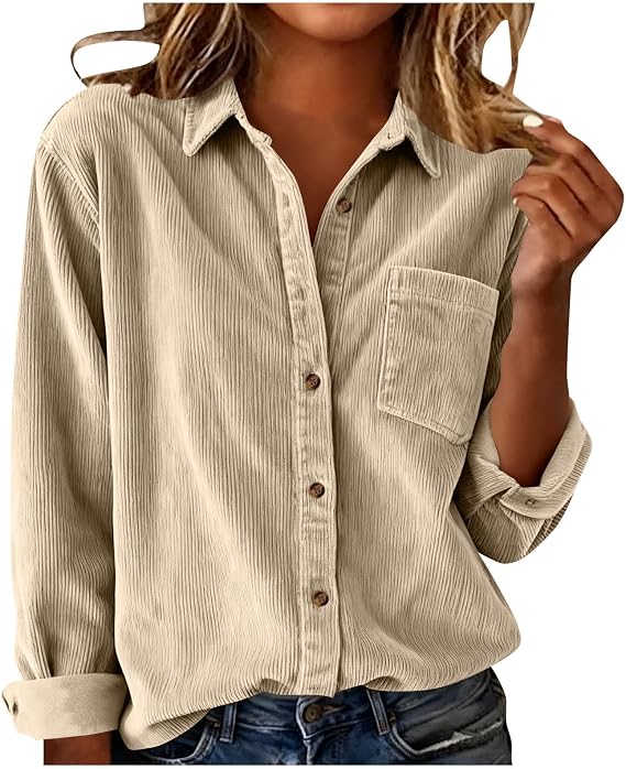 Womens Corduroy Shirt Button Down Long Sleeve Blouses Tops with Pockets Vintage Fall Winter Casual Retro Shacket