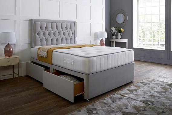 Silver Plush Memory Foam Divan Bed Set With Tufted Mattress, 2 Drawers and Headboard (4FT6 Double)