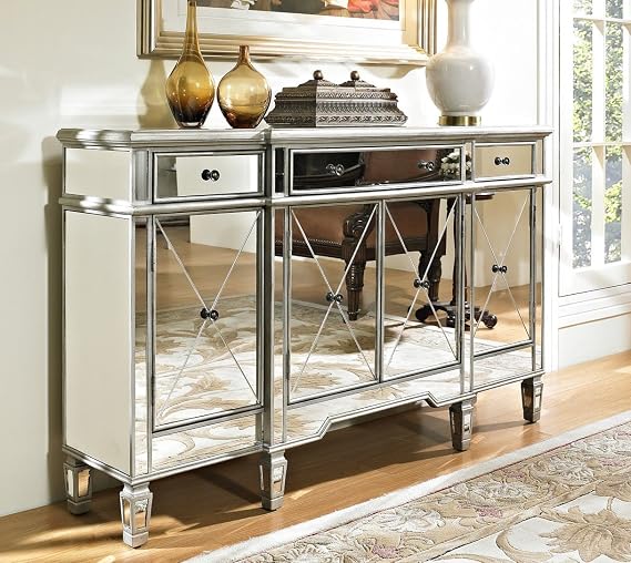 60" Silver Wood Frame Mirrored Panels Andrea Storage Sideboard Buffet Cabinet for Living Room