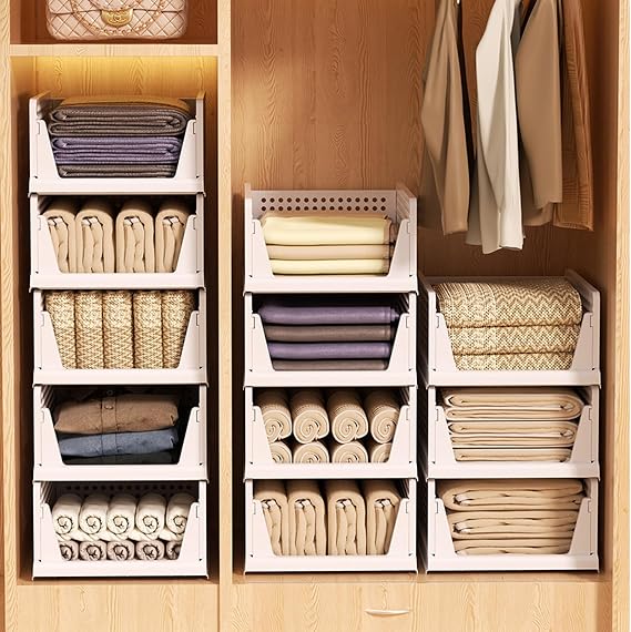 4 Pack Stackable Wardrobe Storage Organiser, Plastic Wardrobe Shelves
