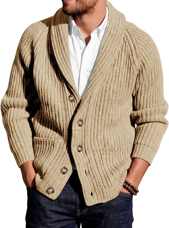 Ryannology Mens Zip Up Cardigan Sweater Shawl Collar Cable Knit Sweaters