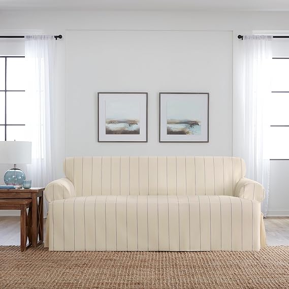 SureFit Heavyweight Cotton Duck T-Cushion Sofa Slipcovers, Printed Heavyweight Cotton Sofa Cover, One Piece Design, Couch Cover with Seat Elastic and Adjustable Corner Ties, Natural with Blue Stripe