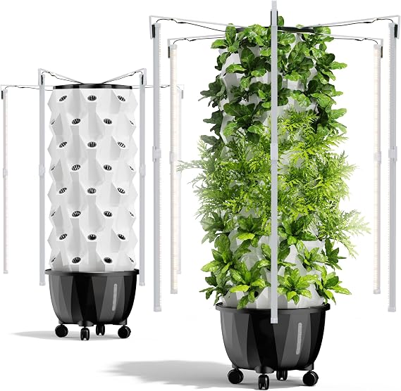Hydroponic Systems - Aeroponic Garden Tower - Indoor and Outdoor Hydroponics Growing System for Indoor Garden - Grow Herbs, Fruits & Vegetables - 48 Pots (Aero 48 Pro + LED) (Aero 48 LED)