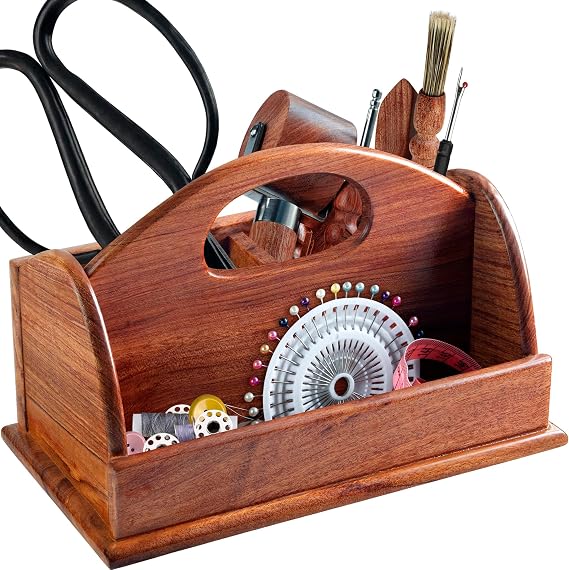 SAVINA Wooden Craft Organizer Box - Handmade Craft Storage Caddy for Sewing, Art Supplies, DIY Tools & More - Elegant & Durable (BOX ONLY) (Small Size)