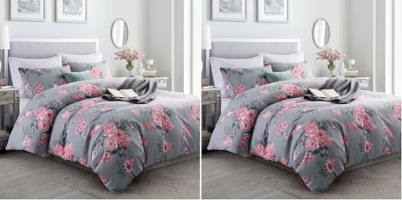 MOONLIGHT20015 Double Duvet Set Soft Printed Luxury Bedding Set Brushed Microfiber Duvet Cover with Pillowcases (Grey Bouquet 200x200 CM) (Pack of 2)
