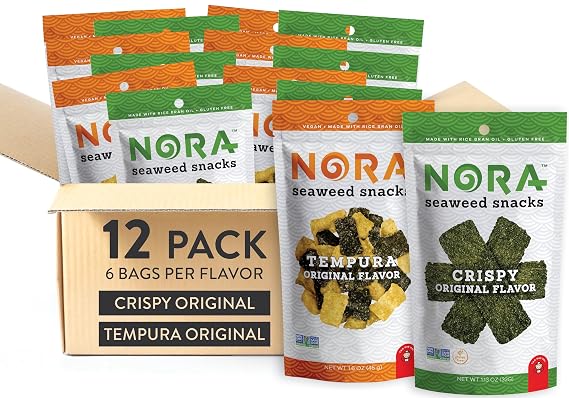 Original + Tempura Seaweed Snacks Bundle by Nora, Healthy and Low-Carb Nori Sheets, Asian Snacks, Crunchy Seaweed Snack Chips, Snacks of Asia, Korean Vegan Snacks, Gluten-Free, Non-GMO, 2 x 6 Packs