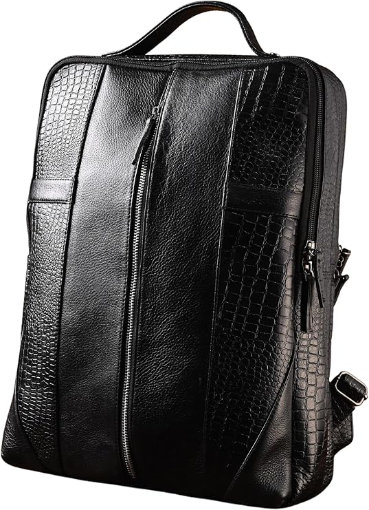 Black Top Grain Leather Backpack For Men - 17 inch Laptop Bag Large Capacity