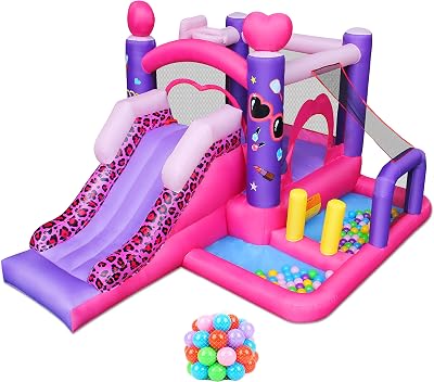 RETRO JUMP Inflatable Bounce House, 6-in-1 Jump & Slide Bouncy House for Kids Outdoor WLarge Ball Pit, Princess Bounce House with Blower for Girls Party - Carry Bag, Repair Kit, Stakes Included