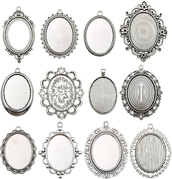 Youdiyla 10 Pendant Trays, 30x40mm, Blank Oval Cabochons Base Setting Bezel Frame Metal Cameo for Photo Pendant Jewelry Making (Antique Silver-HM278)