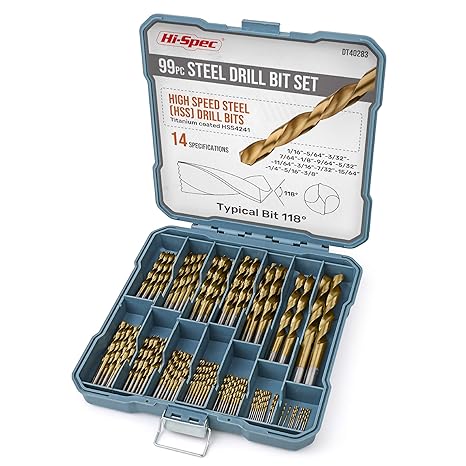 Hi-Spec SAE HSS Drill Bit Set for Metal, Wood and Drywall, 1/16-3/8 in