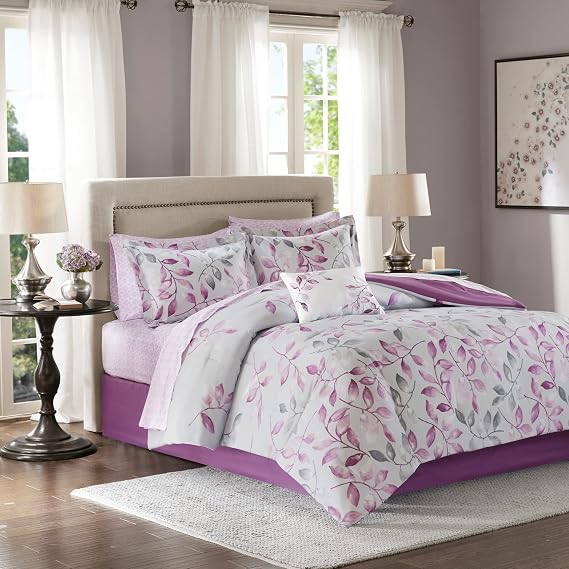 Madison Park Essentials Cozy Bed in A Bag Comforter with Complete Cotton Sheet Set-Trendy Floral Design All Season Cover, Decorative Pillow, Twin(68"x86"), Lafael, Leaf Purple 7 Piece