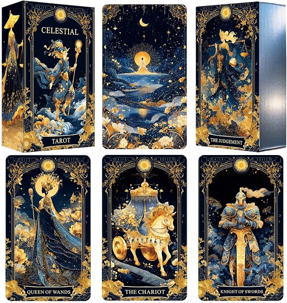 Celestial Tarot Deck, Unique Tarot Cards for Beginners with Blue Gold Edge, Divination and Spiritual Divination Tool
