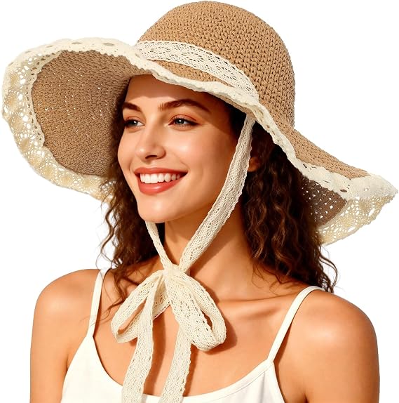 Beach Hats for Women - Beach Hat Womens UPF 50+ Lace Ribbon,Packable Sun Hat Women,Straw Hat for Women 2026