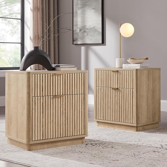 T4TREAM 23'' Fluted Nightstand Set of 2 with Charging Station, Natural Oak
