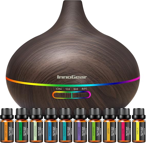 InnoGear 400ml Aromatherapy Essential Oil Diffuser 10 Oils Gift Set, Dark | Cool Mist Humidifier, Essential Oils, Ultrasonic, 4 Timers, Run up to 12hrs, Large Room, Home, Automatic Shut-Off, Quiet