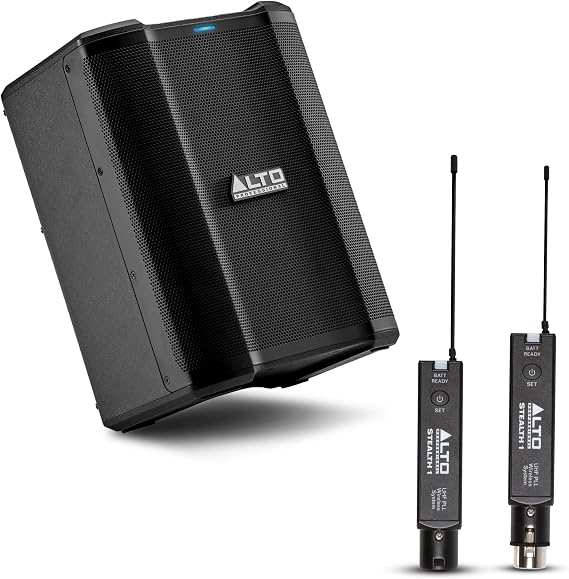 ALTO Busker 200W Portable PA Speaker System with Rechargeable Battery, 3-Channel Mixer and Stealth 1 XLR Wireless Audio System, Transmitter and Receiver for Dynamic Microphones