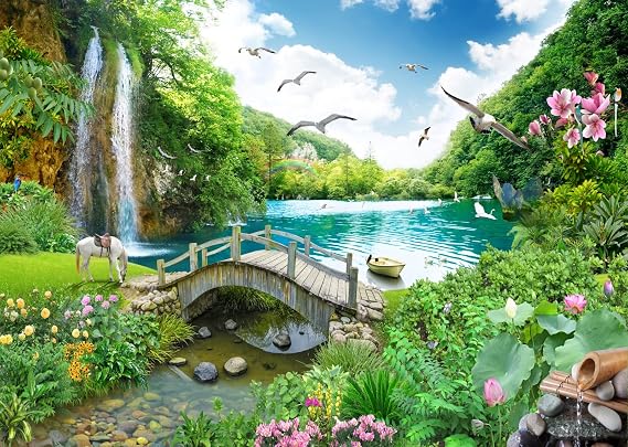 BELECO Picturesque Garden Background Fabric 5x3ft Outdoor Tropical Landscape Mountain Trees Waterfall Lake Birds White Horse and Wooden Bridge Scenery Backdrop Wedding Birthday Photoshoot Props