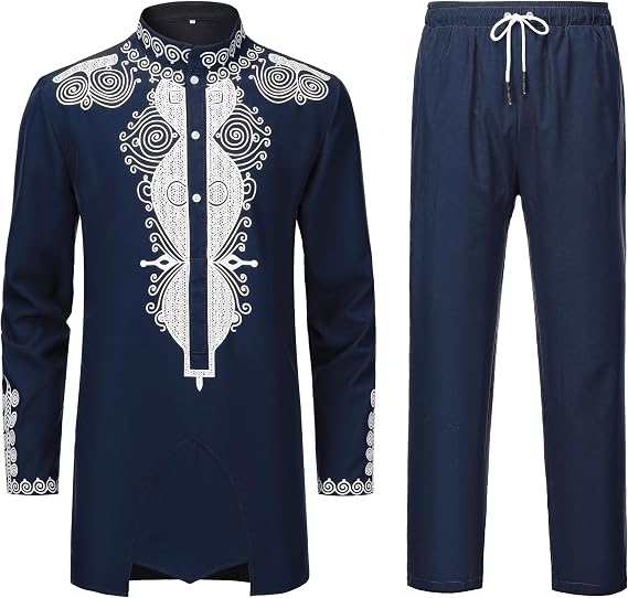YND Mens 2 Piece Set African Dashiki Outfit and Pants, Shirt with Gold Print
