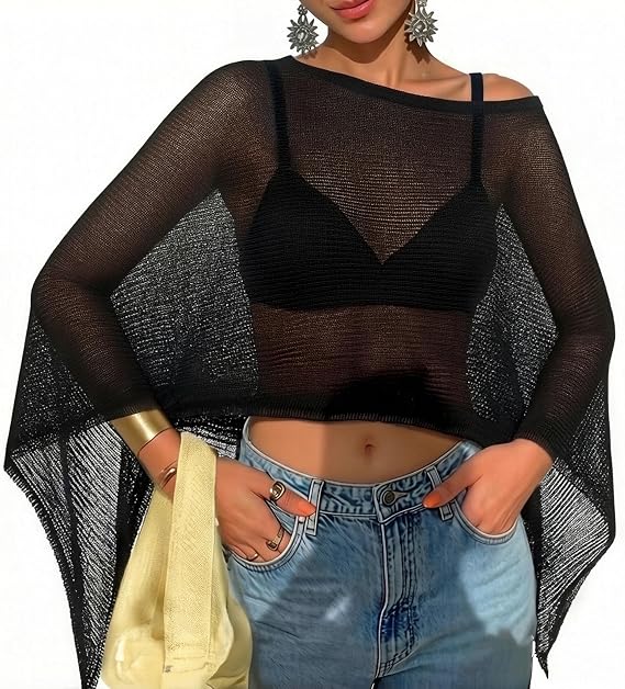 Women Sheer Poncho Top Lightweight Knit Crochet Shrug Bolero Mesh Batwing Sleeve Sweater Cover Up Beachwear
