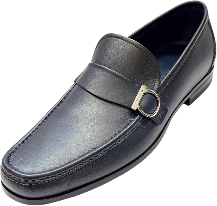 Ferragamo Loafers Duomo Gancini Calf Dark Blue Leather Men's Dress Slip-on
