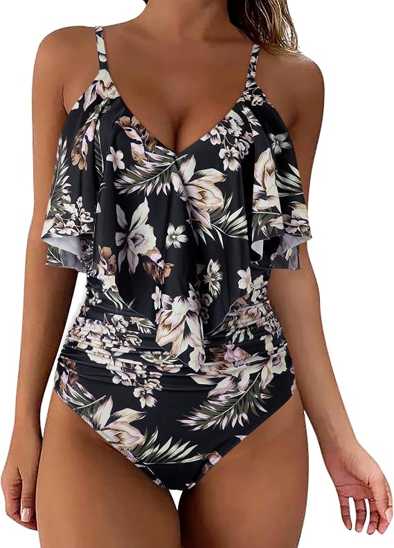 SUUKSESS Women Slimming Ruffle One Piece Swimsuits Ruched Tummy Control Bathing Suits