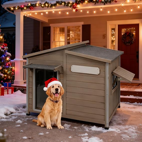 Gowoodhut Dog House Outdoor Indoor for Small & Medium Dogs, Wooden Weatherproof Dog Kennel with Openable Roof & Window, Chew-Resistant Frame, Cozy Shelter for Winter (Grey, 43.5"D x 29.5"W x 33.5"H)