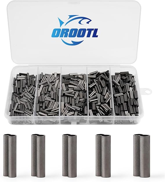 OROOTL Fishing Crimp Sleeves Kit, 500PCS Double Barrel Fishing Line Crimps Sleeves Brass Copper Crimping Loop Tubes Connector Wire Leader Rigging Tackle for Saltwater Freshwater