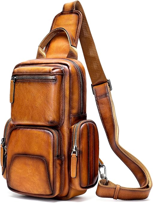 NIUCUNZH Genuine Leather Sling Bag Vintage Handmade Crossbody Bags Shoulder Backpack Hiking Daypack Travel Pack