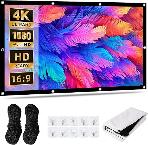 Screen Projector 100 Inch 16:9 4K HD Portable Projection Screen Made of Thickened Milk Silk Includes 10 Hooks & 2 Tying Ropes Suitable for Home Cinema Office School and Outdoor Use
