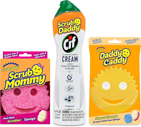 Scrub Daddy Scrub Mommy, Daddy Caddy + Cif All Purpose Cleaner - Scratch-Free, Dual-Sided Kitchen + Bathroom Scrubber + Multipurpose Cleaning Cream - Cleaning Supplies Kit for Multiple Surfaces