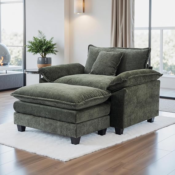 Gexpusm Oversized Accent Chair with Ottoman(Green) | Oversized Chaise Lounge Chair Indoor with Deep Seat,Reading Comfy Chenille Sofa for Living Room Bedroom Modern Lounge Chair