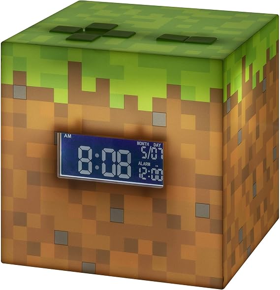 Paladone Licensed Minecraft Grass Block Digital Alarm Clock, Light Up Lamp Plays Official in Game Music, Bedroom Decor for Minecraft Gamers, Tweens and Kids - Minecraft Gift