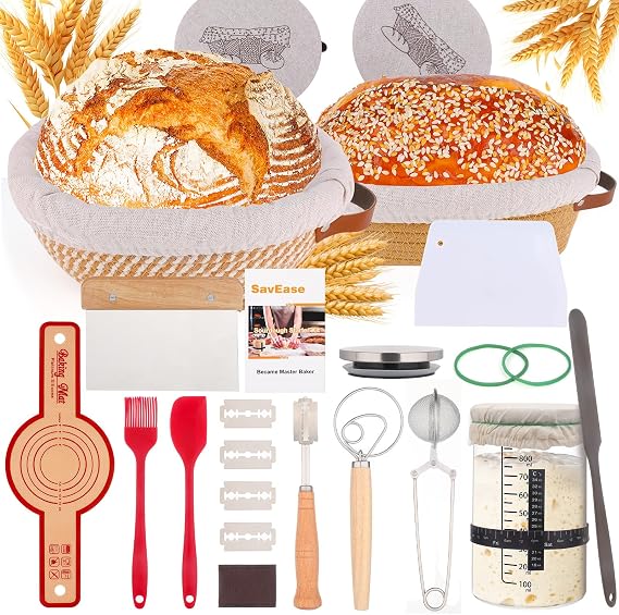 Sourdough Starter Kit, Bread Baking Supplies with Round & Oval Banneton Proofing Basket, Bread Sling, Starter Jar, Dough Whisk, Scrapers, Stencils & Storage Bag, Bread Making Tools Gift for Bakers