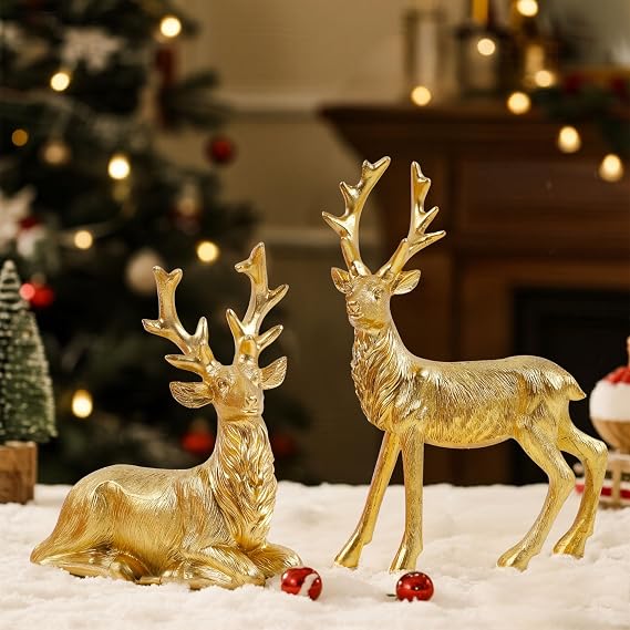 Lulu Home 2 Packs Gold Reindeer Figurines, Sitting & Standing