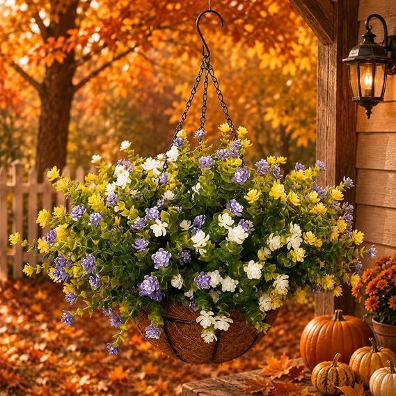 Artificial Hanging Flowers Basket, 12 UV-Resistant Bundles of Realistic Fake Flowers, Faux Plants for Outdoor Decor, Home, Garden, Porch, Patio, Spring & Summer Decorations, Yellow Purple White