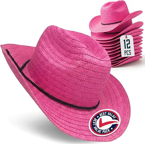 Podzly Straw Cowboy Hats 12 Pack 24" Circumference Western Style Pink