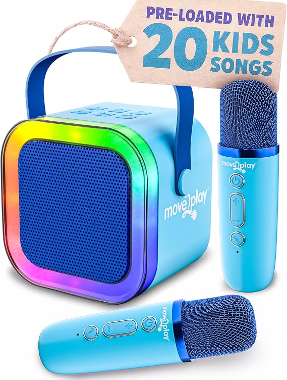 Move2Play, Mini Karaoke Machine for Kids | Includes 20+ Kids Songs | 2 Microphones | Connect with Bluetooth | Birthday Gift | Ages 2, 3, 4, 5+ Year Old | Girls, Boys, Toddler (Electric Blue)