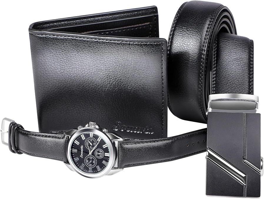papasgix Gifts for Men, Men's Watch Set, Black Artificial Leather