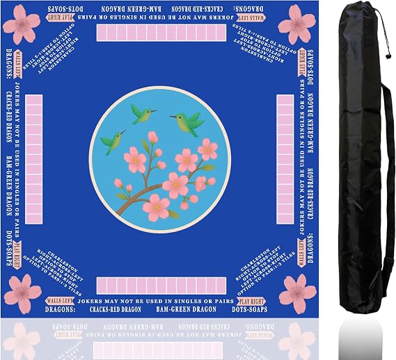 American Mahjong Mat with Rules Printed (33x33, 2.5mm Thick, Hummingbird Blue) Mahjong Mat for Table w/Bag, Crease-Proof Waterproof Non-Slip, Soft Mahjong Table Mat, Noise Reduction