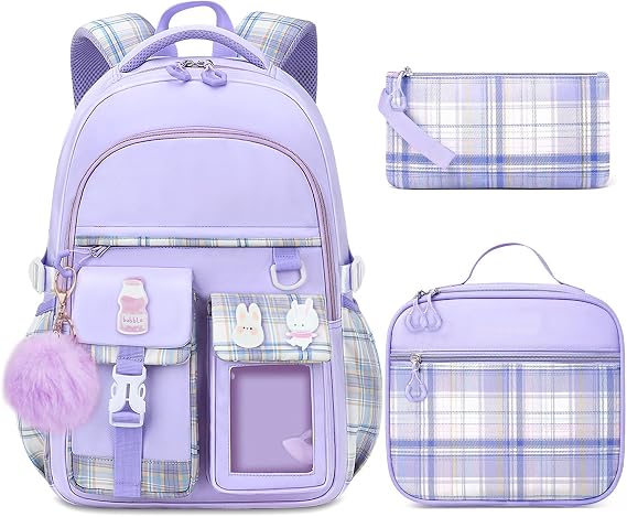 School Backpack for Girls - 5PCS Girls Backpack with Lunch Box Set for Elementary, Middle and High School Students - 18" Large Capacity School Bookbag with Multiple Pockets