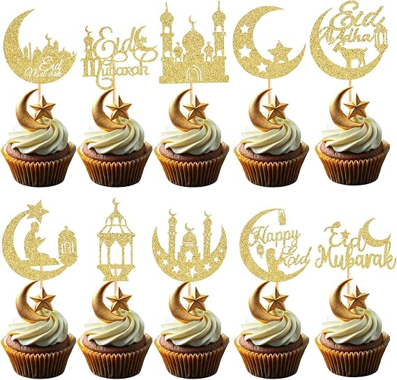 60 Pcs Eid Mubarak Cupcake Toppers,Glitter Moon Star Ramadan Kareem Cupcake Toppers for Eid Islamic Muslim Party Cake Decorations