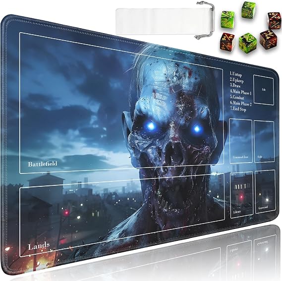 JVGFYNKL for MTC/TCG Playmat with Zones, 24x14 in Non-Slip Rubber, for MTG Mat with Drawstring Travel Pouch and 6 Dice, Scary Zombies Pattern Card Game Playmats