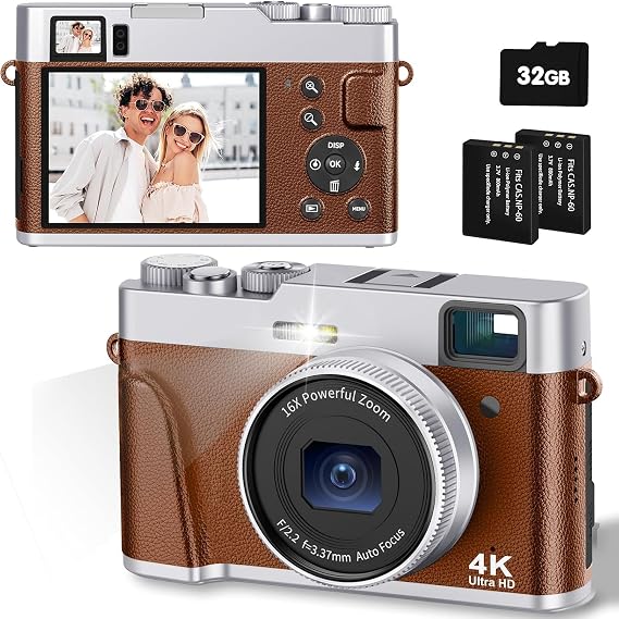 CAMKORY Digitalkamera 4K Fotokamera 48MP mit 32G Karte Autofokus Optischer Sucher Kamera Fotokamera Fotoapparat Kompaktkamera mit 2 Akku Digitalkamera Kinderkamera kompakte Reisekamera