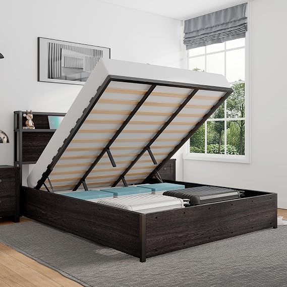 LUXOAK Full Size Lift Up Storage Bed with Charging Station
