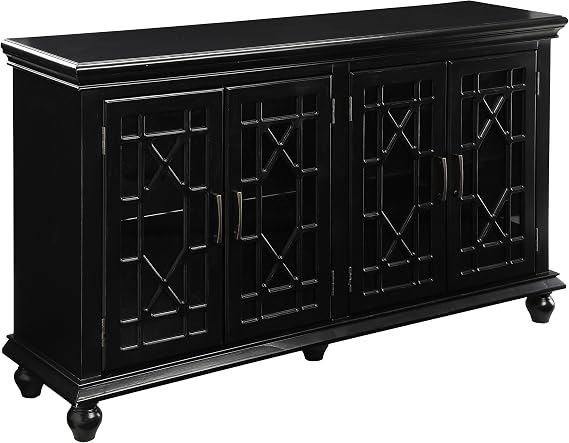 Coaster Home Furnishings - Kovu - 4-Door Wood Accent Cabinet with Traditional Style, Glass Doors, Lattice Design - Living Room, Entryway & Home Kitchen - 60-Inch - Black - 950639