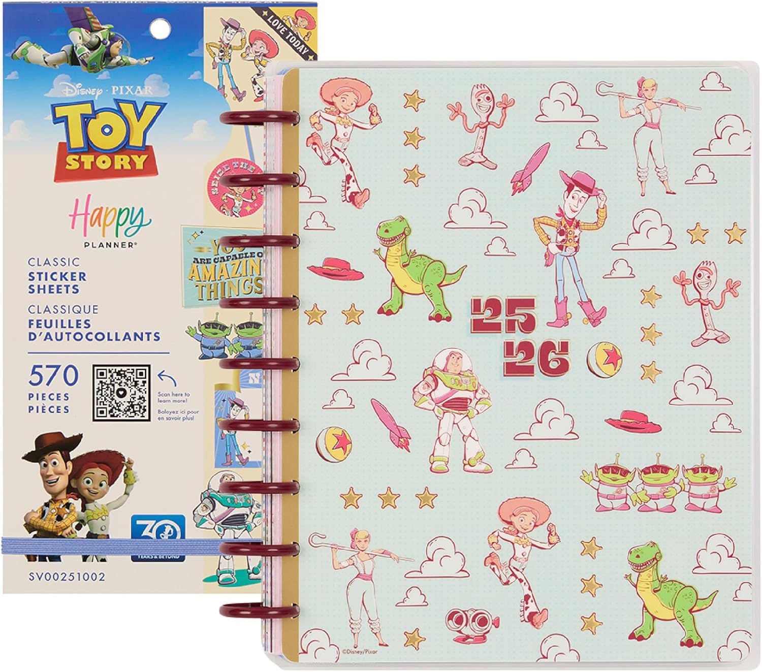 Happy Planner Disney Disc-Bound 12-Month Jul. 2025–Jun. 2026 Classic Color-Block Planner Bundle with 30-Sheet Sticker Pack, Woody and Friends