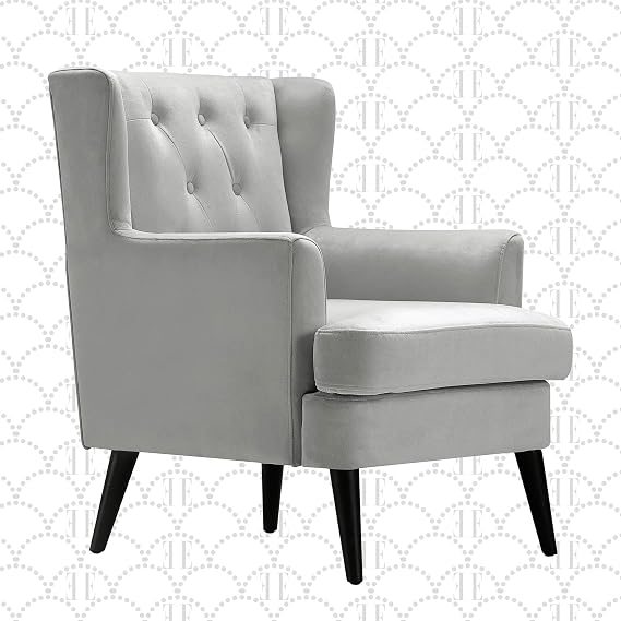 Elle Decor Celeste Tufted Velvet Accent Chair, Mid-Century Upholstered Armchair, Modern Wingback with Button Tufting Backrest, Durable Hardwood Construction, Pearl Grey