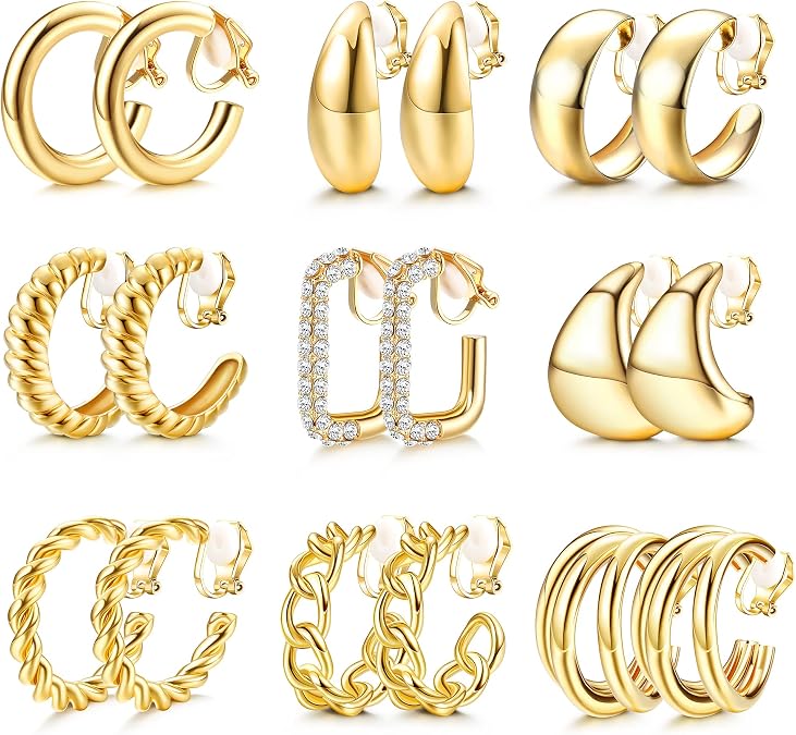 Gold Plated Clip On Earrings for Women Non Pierced Clip on Hoop Earrings