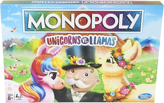 Monopoly Unicorns vs. Llamas Board Game for Ages 8 and up, Play on Team Unicorn or Team Llama -