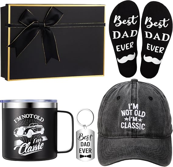 Maiteenly 5 Pcs Dad Gifts Set Father's Day Gift I'm Not Old I'm Classic Hat Baseball Cap 14 oz Insulated Tumbler Mug Dad Keychain Novelty Non Slip Socks with Gift Box for Dad Birthday